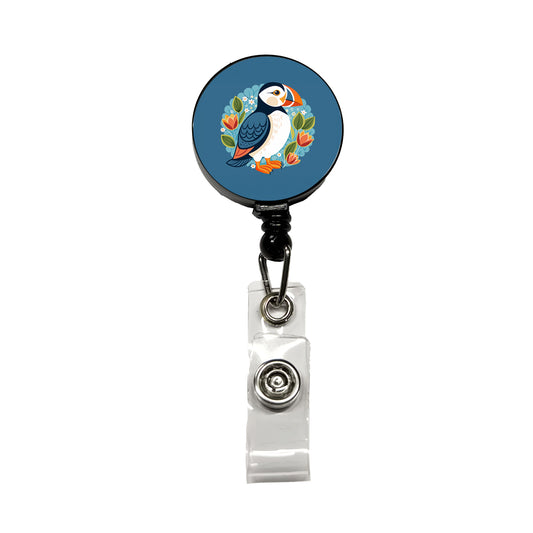 Puffin Bird Floral Flowers Retractable ID Key Card Name Tag Badge Holder with Clip