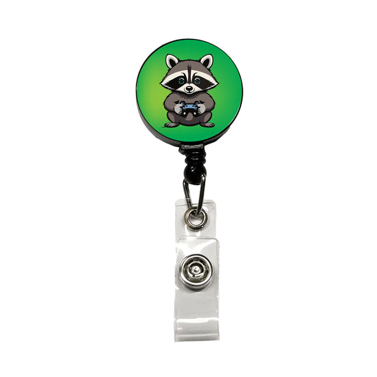 Raccoon Gamer Gaming Playing Game Retractable ID Key Card Name Tag Badge Holder with Clip
