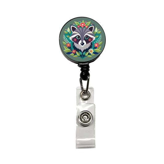 Raccoon in Floral Wreath Retractable ID Key Card Name Tag Badge Holder with Clip