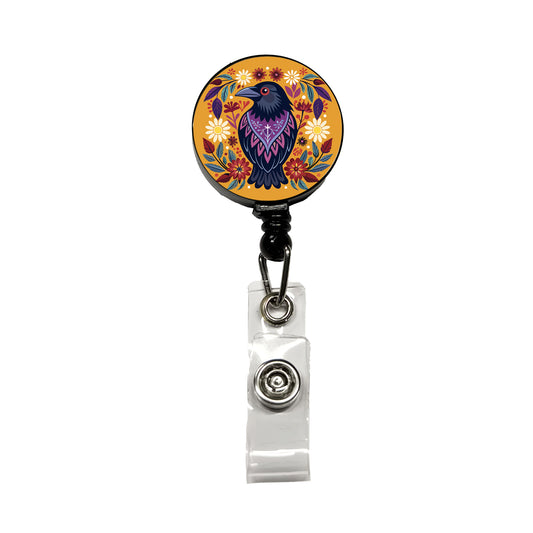 Raven Bird Floral Flowers Retractable ID Key Card Name Tag Badge Holder with Clip