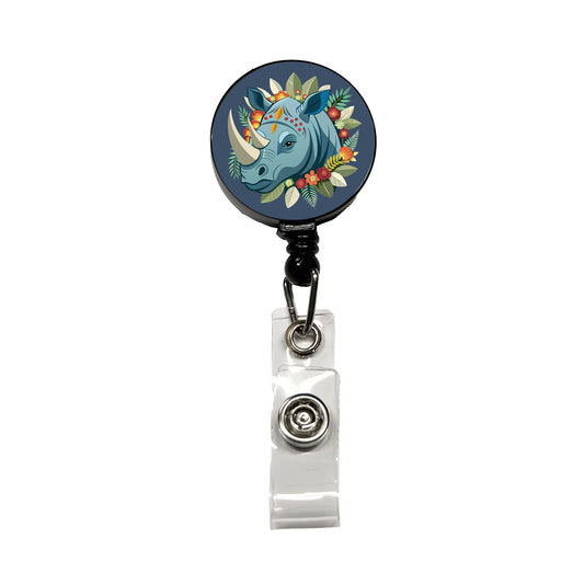 Rhinoceros Head Floral Flowers Retractable ID Key Card Name Tag Badge Holder with Clip