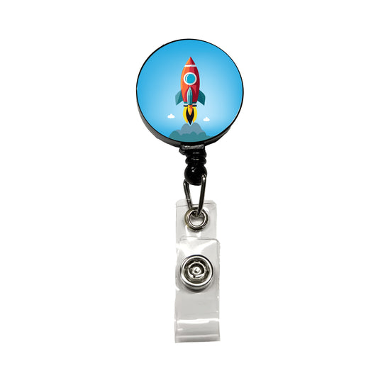 Rocket Ship Blasting Off Retractable ID Key Card Name Tag Badge Holder with Clip