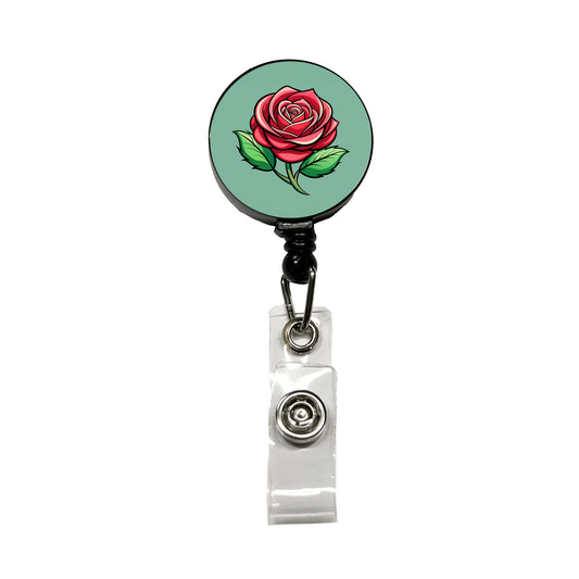 Rose Flower Bud Red Retractable ID Key Card Name Tag Badge Holder with Clip