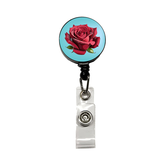 Rose Red Flower Retractable ID Key Card Name Tag Badge Holder with Clip