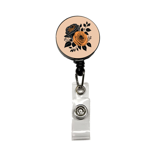 Roses Black Orange Fall Autumn Thanksgiving Halloween Motif Retractable ID Key Card Name Tag Badge Holder with Clip