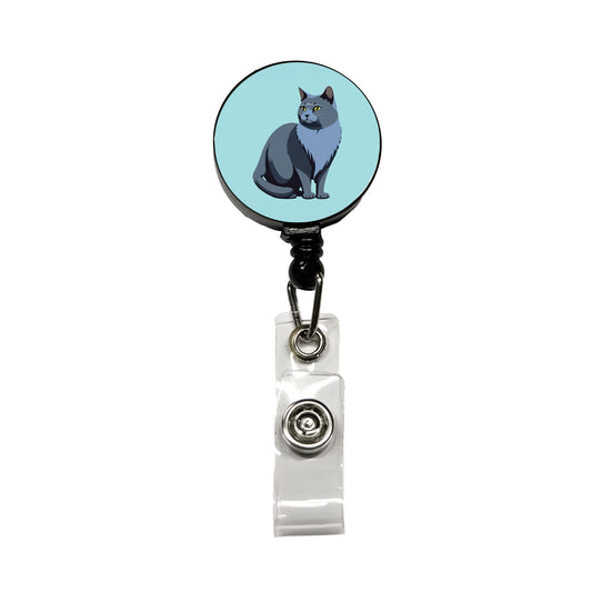 Russian Blue Cat Sitting Retractable ID Key Card Name Tag Badge Holder with Clip