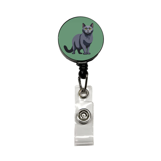 Russian Blue Cat Standing Retractable ID Key Card Name Tag Badge Holder with Clip