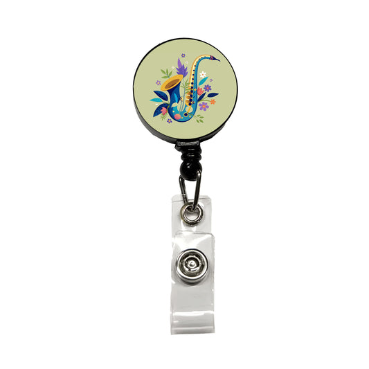 Saxophone Instrument Music Floral Motif Retractable ID Key Card Name Tag Badge Holder with Clip