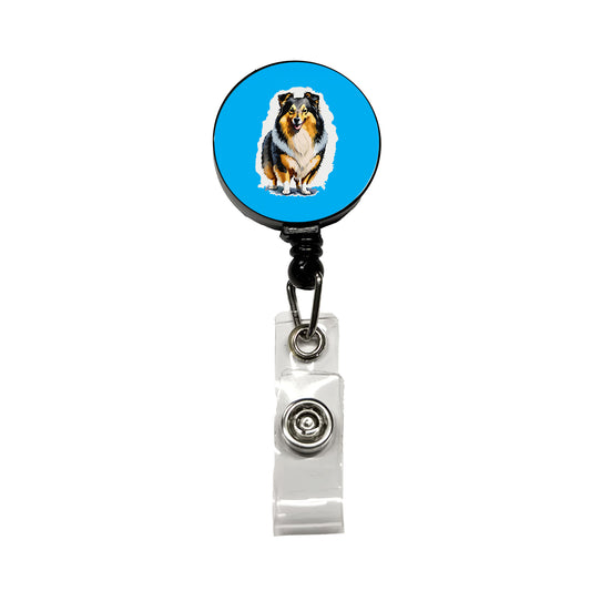 Shetland Sheepdog Standing Retractable ID Key Card Name Tag Badge Holder with Clip