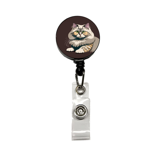 Siberian Cat Crouched Retractable ID Key Card Name Tag Badge Holder with Clip