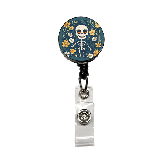 Skeleton and Flowers Funny Halloween Retractable ID Key Card Name Tag Badge Holder with Clip