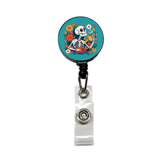 Skeleton Drinking Coffee Funny Floral Flowers Retractable ID Key Card Name Tag Badge Holder with Clip