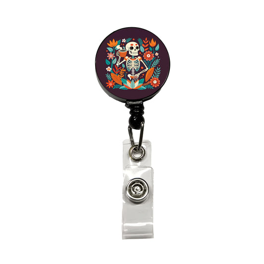 Skeleton Drinking Tea Funny Floral Flowers Retractable ID Key Card Name Tag Badge Holder with Clip