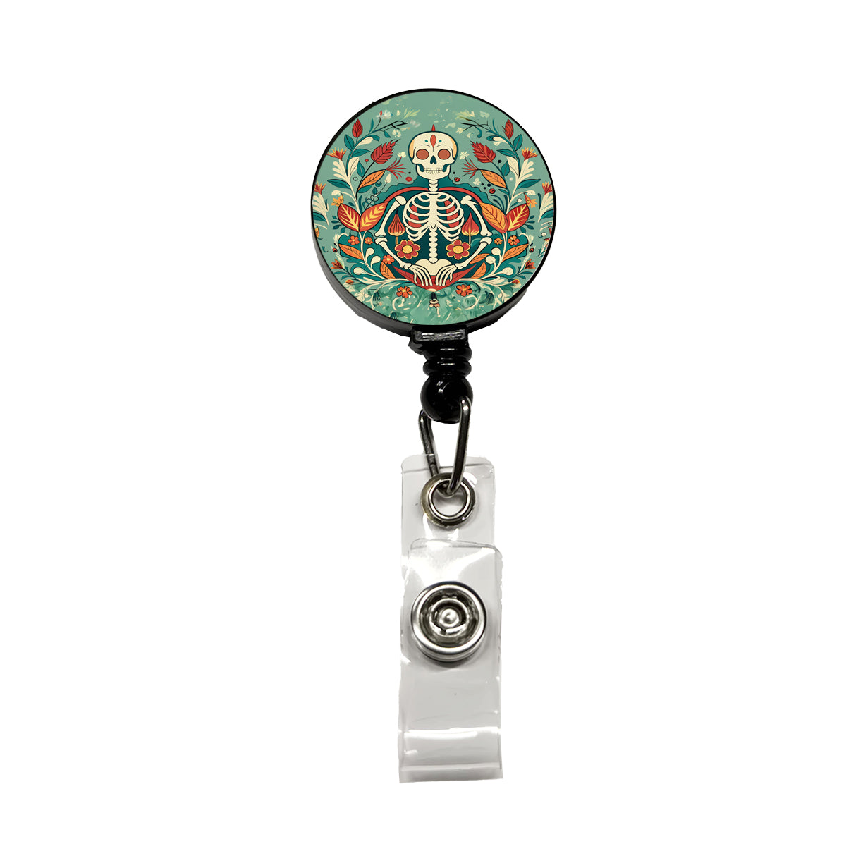 Skeleton Floral Art Nouveau Flowers Elegant Retractable ID Key Card Name Tag Badge Holder with Clip