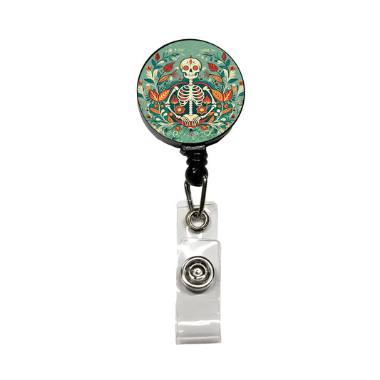 Skeleton Floral Art Nouveau Flowers Elegant Retractable ID Key Card Name Tag Badge Holder with Clip