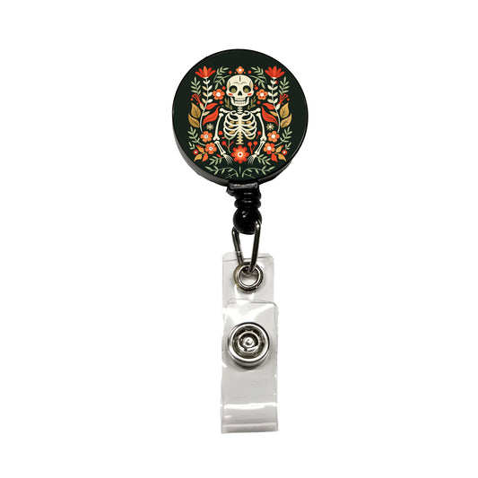 Skeleton Floral Flowers Retractable ID Key Card Name Tag Badge Holder with Clip