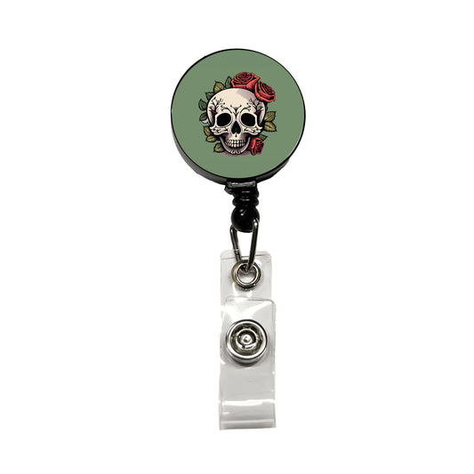 Skull and Roses Retractable ID Key Card Name Tag Badge Holder with Clip