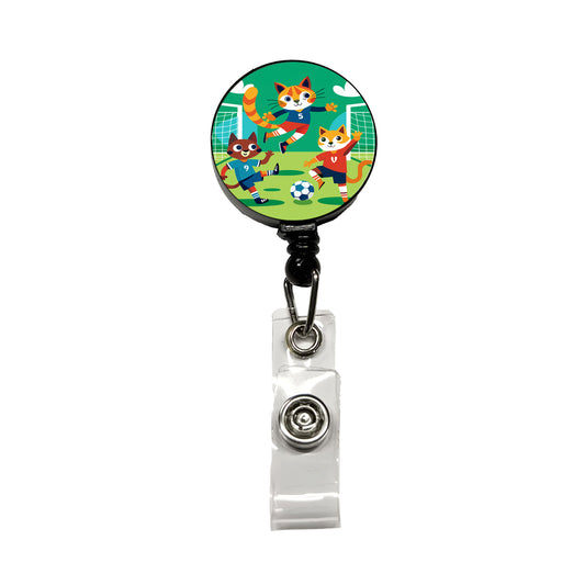 Soccer Cats Playing Ball Field Retractable ID Key Card Name Tag Badge Holder with Clip
