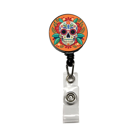 Sugar Skull with Floral Background Retractable ID Key Card Name Tag Badge Holder with Clip