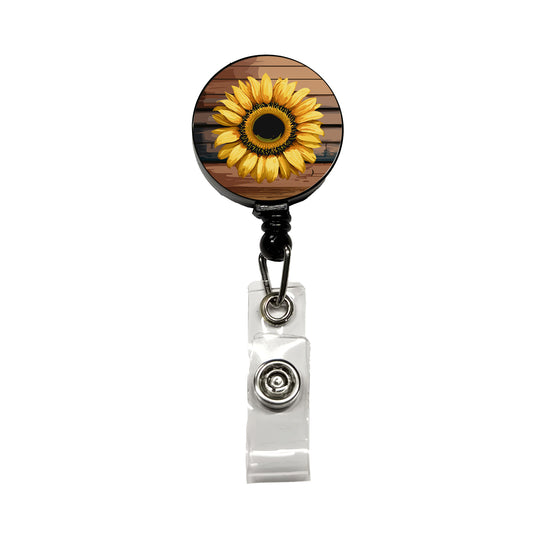 Sunflower Flower Vintage Barnwood Retractable ID Key Card Name Tag Badge Holder with Clip