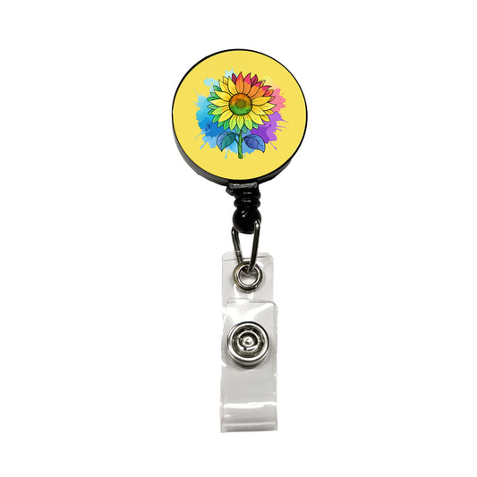 Sunflower Rainbow Watercolor Retractable ID Key Card Name Tag Badge Holder with Clip