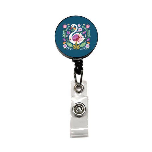 Swan Bird Floral Flowers Retractable ID Key Card Name Tag Badge Holder with Clip