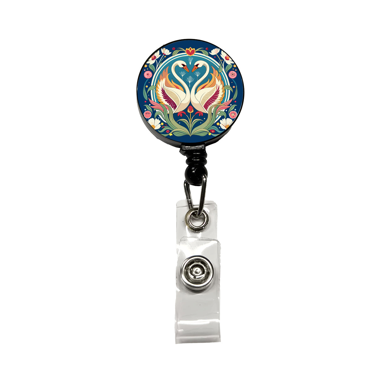 Swans Floral Art Nouveau Flowers Elegant Retractable ID Key Card Name Tag Badge Holder with Clip