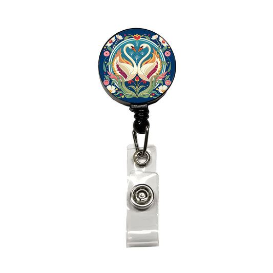 Swans Floral Art Nouveau Flowers Elegant Retractable ID Key Card Name Tag Badge Holder with Clip