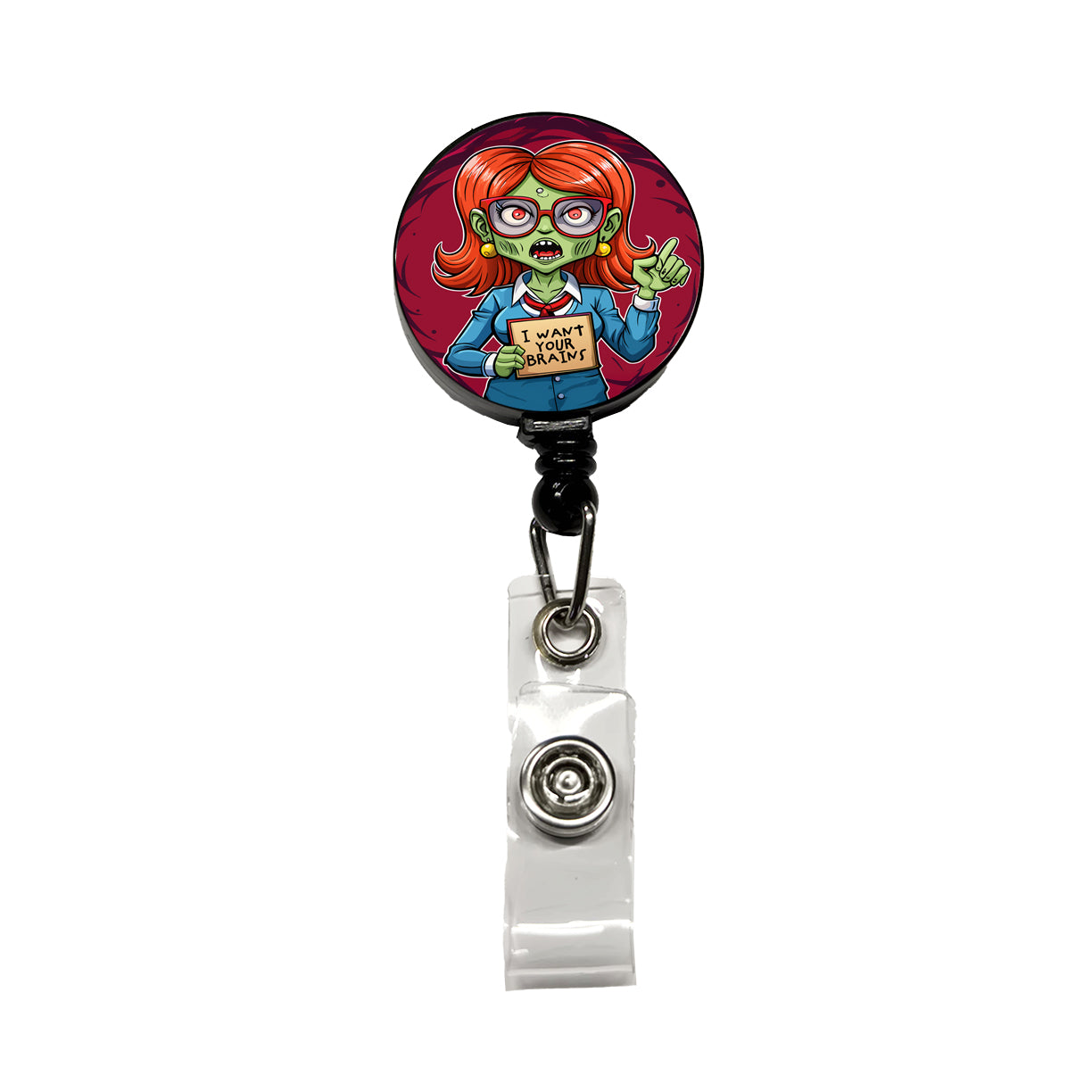Teacher Zombie Woman I Want Your Brains Retractable ID Key Card Name Tag Badge Holder with Clip