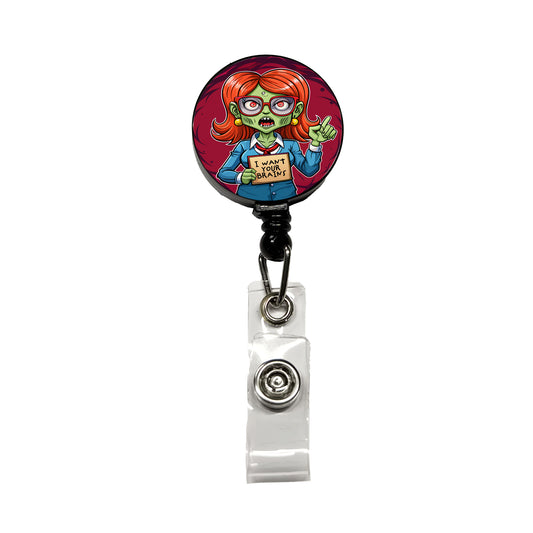 Teacher Zombie Woman I Want Your Brains Retractable ID Key Card Name Tag Badge Holder with Clip
