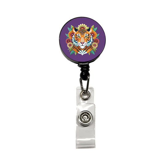 Tiger Head Floral Flowers Retractable ID Key Card Name Tag Badge Holder with Clip