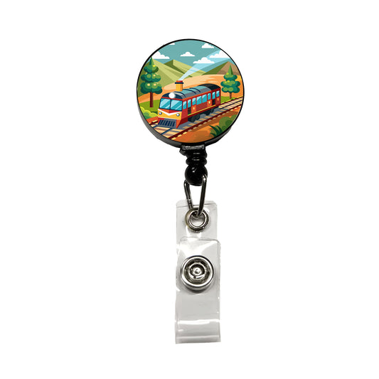 Train on Track Retractable ID Key Card Name Tag Badge Holder with Clip