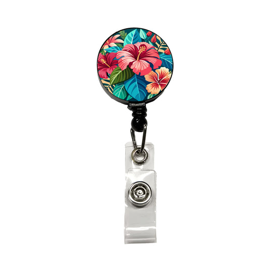 Tropical Flowers Hibiscus Retractable ID Key Card Name Tag Badge Holder with Clip
