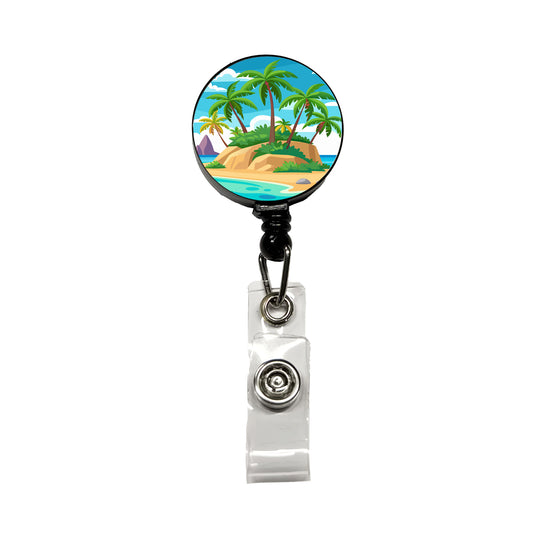 Tropical Island Beach Palm Trees Vacation Travel Retractable ID Key Card Name Tag Badge Holder with Clip