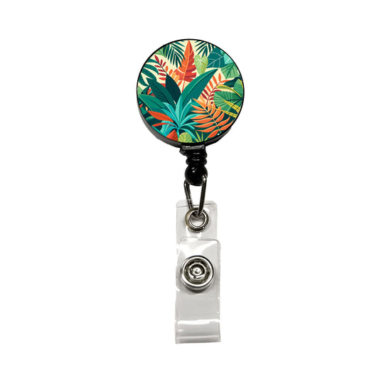 Tropical Leaves Foliage Retractable ID Key Card Name Tag Badge Holder with Clip