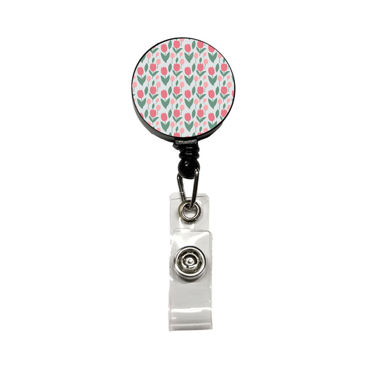 Tulips Pink Flowers Muted Pattern Retractable ID Key Card Name Tag Badge Holder with Clip