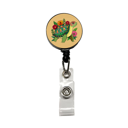 Turtle Floral Flowers Retractable ID Key Card Name Tag Badge Holder with Clip