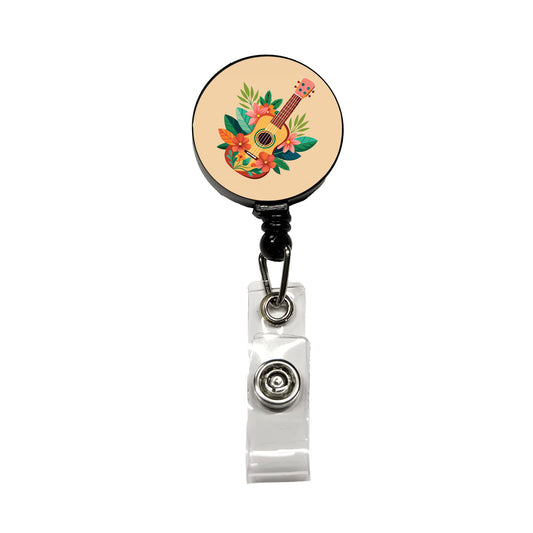Ukulele Music Tropical Floral Motif Retractable ID Key Card Name Tag Badge Holder with Clip