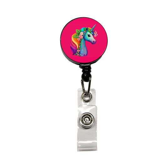 Unicorn Rainbow Head Flowers Retractable ID Key Card Name Tag Badge Holder with Clip