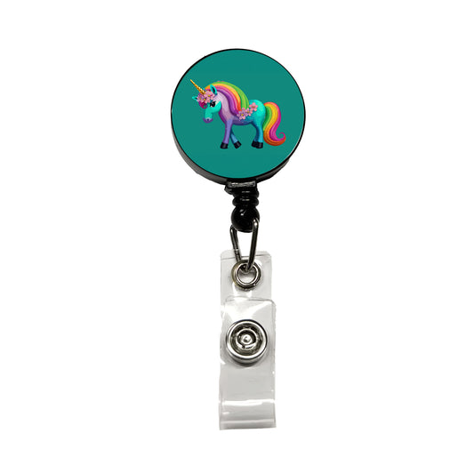 Unicorn Rainbow Standing Flowers Retractable ID Key Card Name Tag Badge Holder with Clip