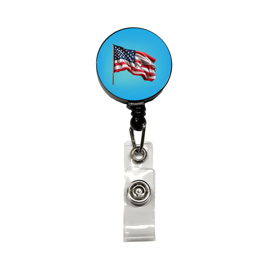 USA Flag American Waving Retractable ID Key Card Name Tag Badge Holder with Clip