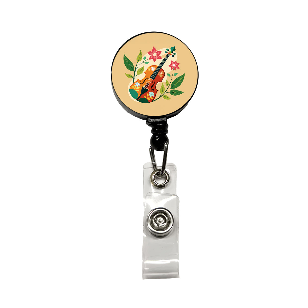 Violin Music Floral Motif Retractable ID Key Card Name Tag Badge Holder with Clip