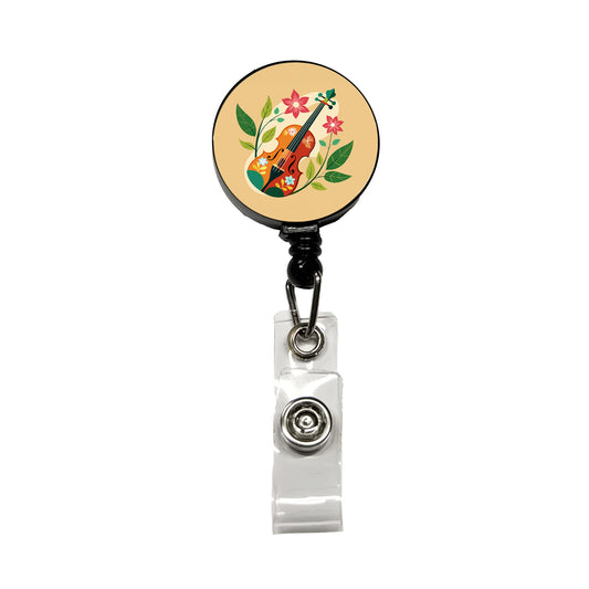 Violin Music Floral Motif Retractable ID Key Card Name Tag Badge Holder with Clip