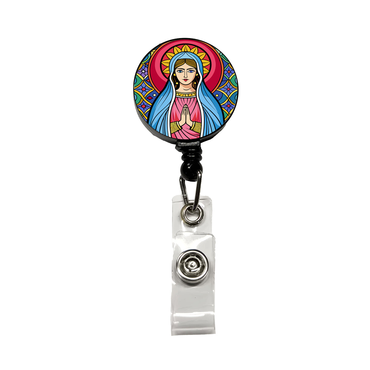 Virgin Mary Stained Glass Christian Religious Catholic Retractable ID Key Card Name Tag Badge Holder with Clip