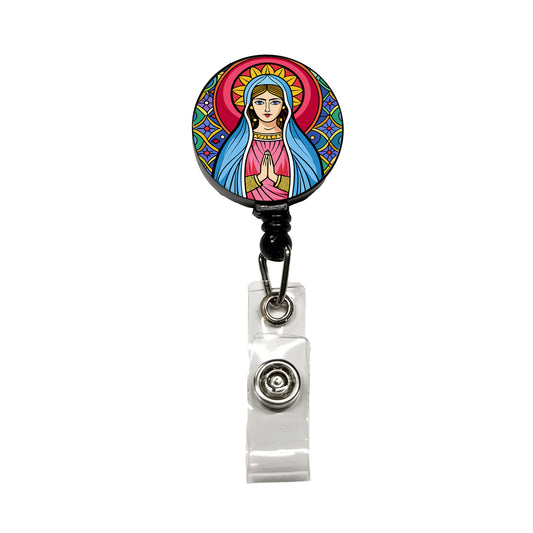 Virgin Mary Stained Glass Christian Religious Catholic Retractable ID Key Card Name Tag Badge Holder with Clip