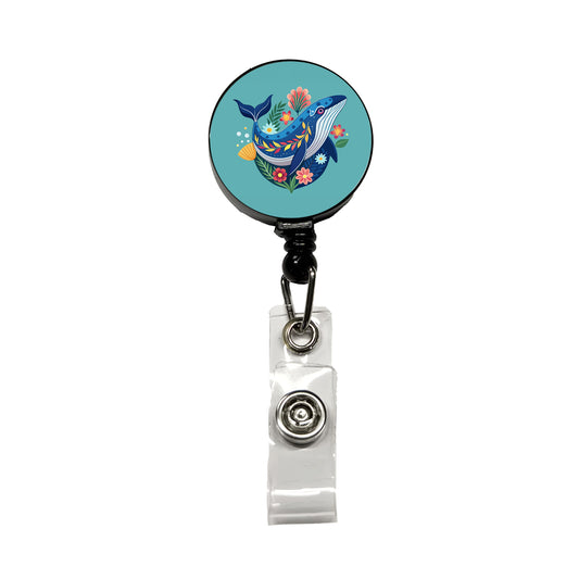 Whale Floral Flowers Retractable ID Key Card Name Tag Badge Holder with Clip