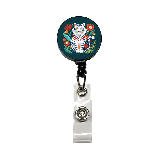 White Tiger Floral Flowers Retractable ID Key Card Name Tag Badge Holder with Clip