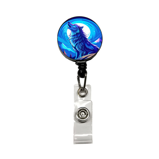 Wolf Howling at Blue Moon Retractable ID Key Card Name Tag Badge Holder with Clip