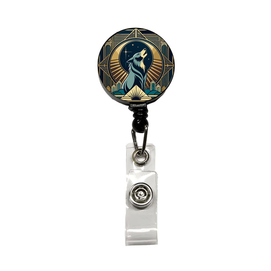 Wolf Howling at Moon Art Deco Retractable ID Key Card Name Tag Badge Holder with Clip