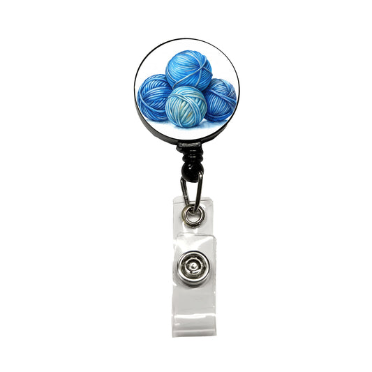 Balls Of Blue Yarn Knitting Crochet Watercolor Retractable ID Key Card Name Tag Badge Holder with Clip